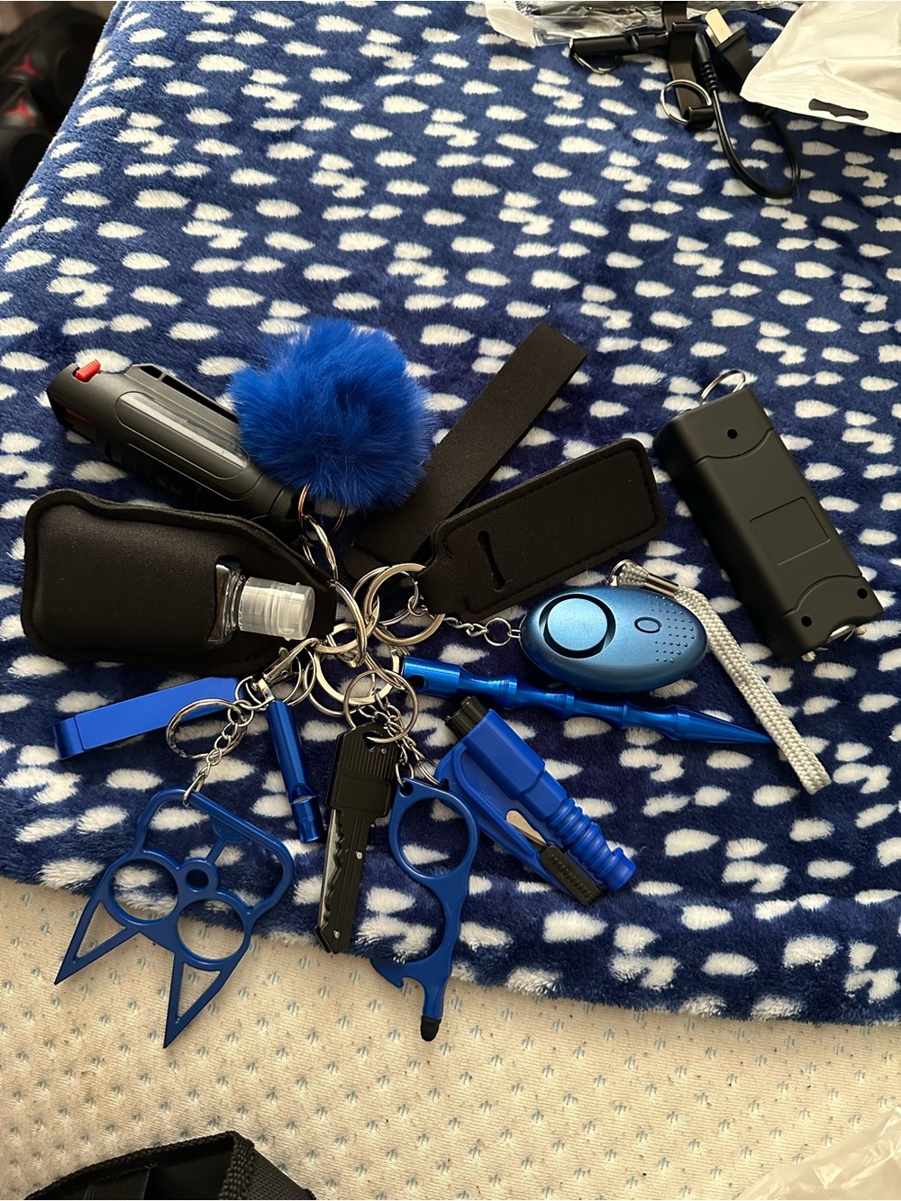 Blue Safety Keychain Set with Pom Pom